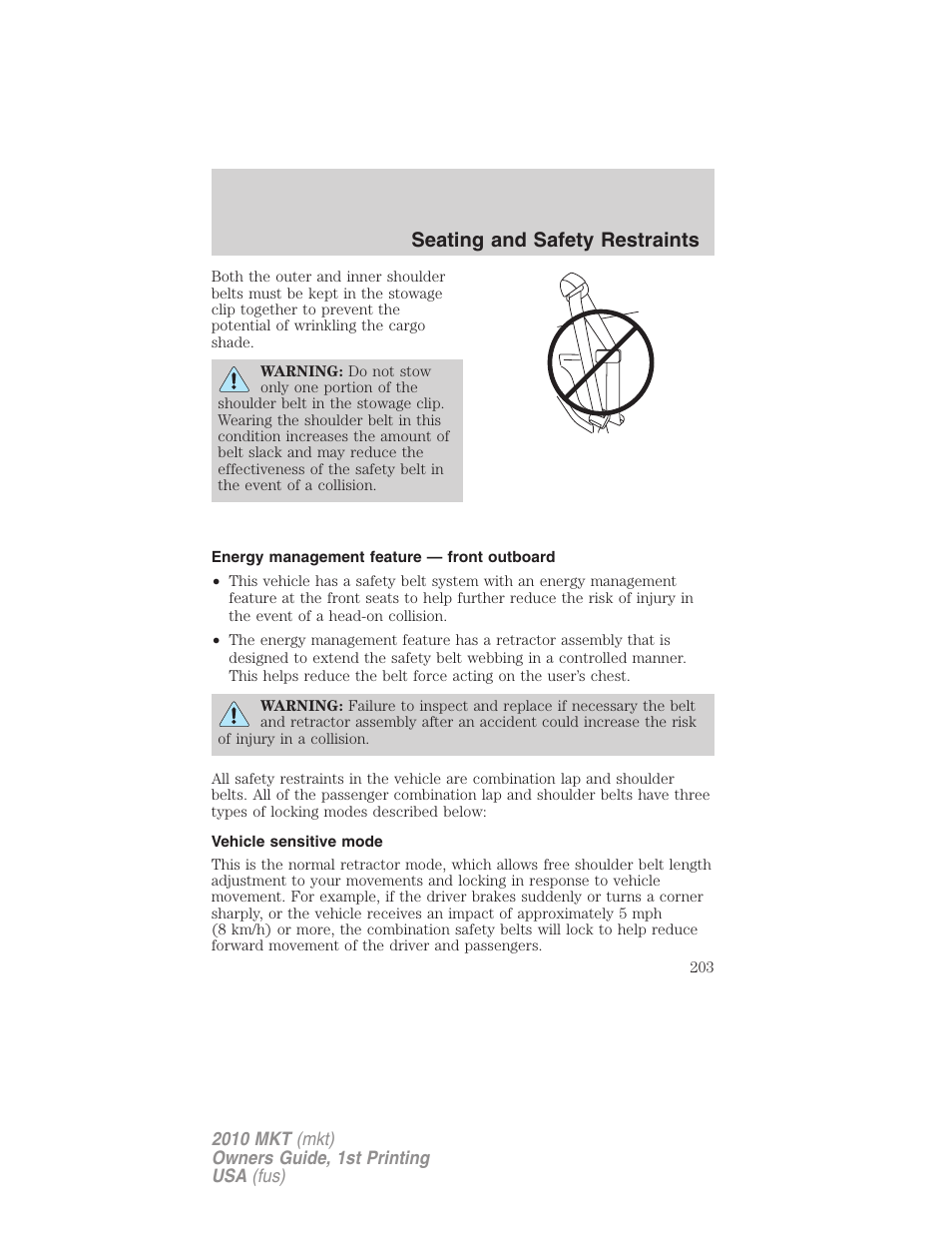 Energy management feature — front outboard, Vehicle sensitive mode, Seating and safety restraints | Lincoln MKT User Manual | Page 203 / 430