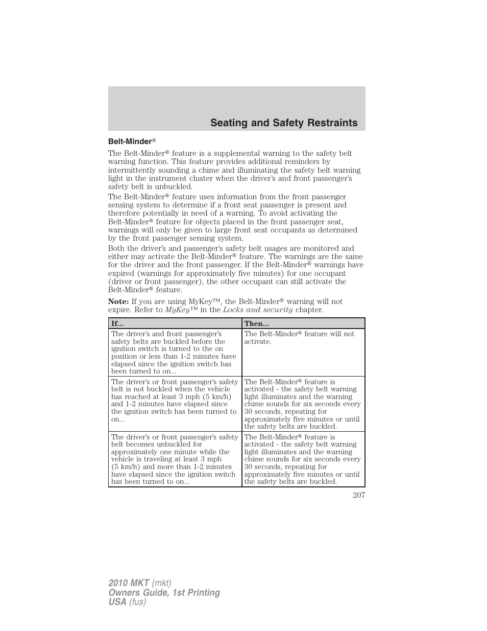 Belt-minder, Seating and safety restraints | Lincoln MKT User Manual | Page 207 / 430