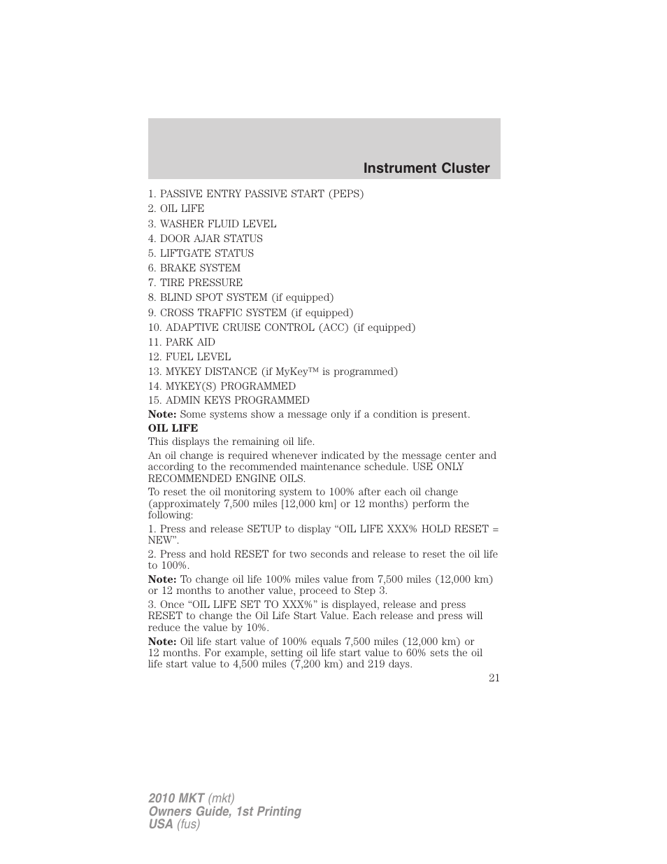 Instrument cluster | Lincoln MKT User Manual | Page 21 / 430