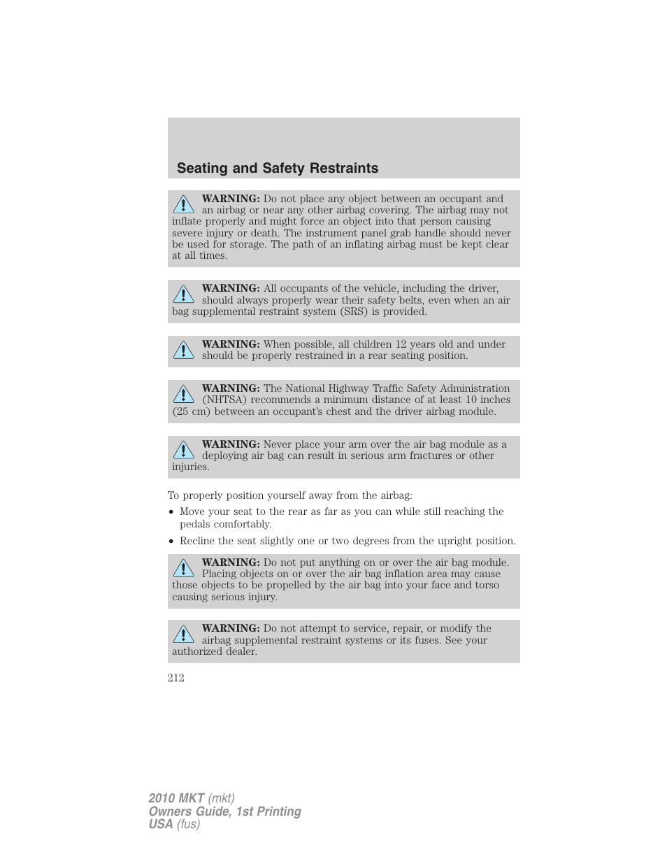 Seating and safety restraints | Lincoln MKT User Manual | Page 212 / 430