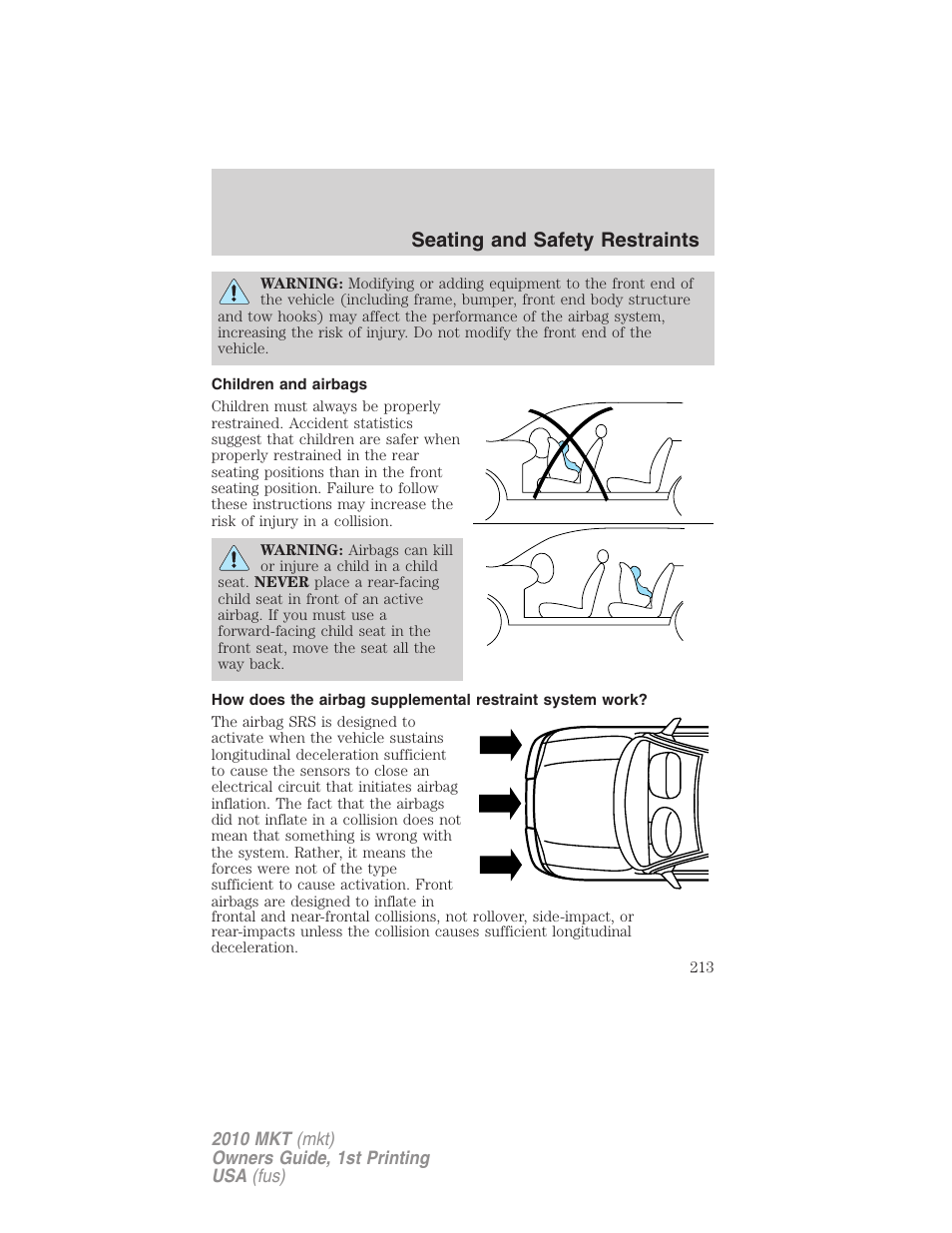 Children and airbags, Seating and safety restraints | Lincoln MKT User Manual | Page 213 / 430