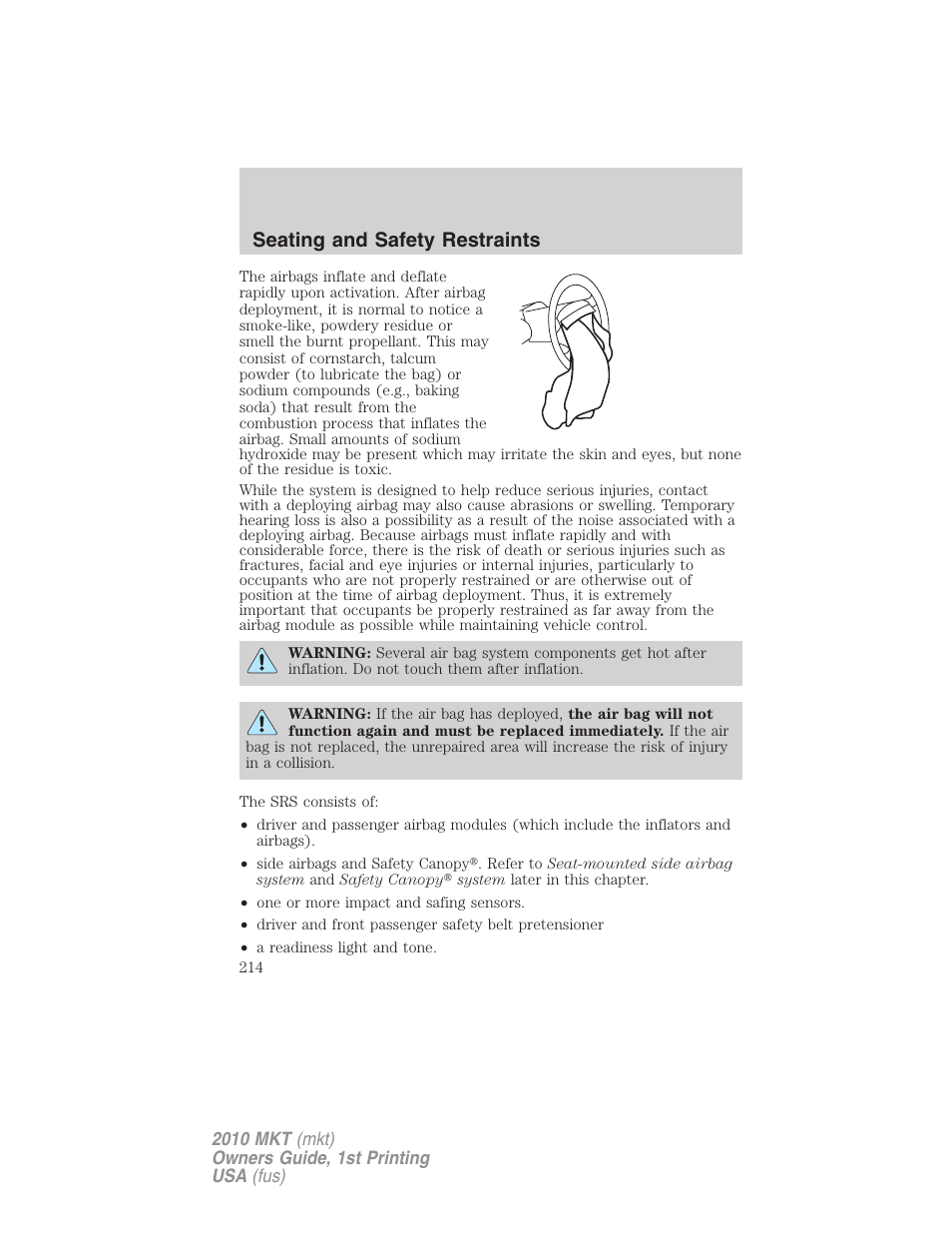 Seating and safety restraints | Lincoln MKT User Manual | Page 214 / 430