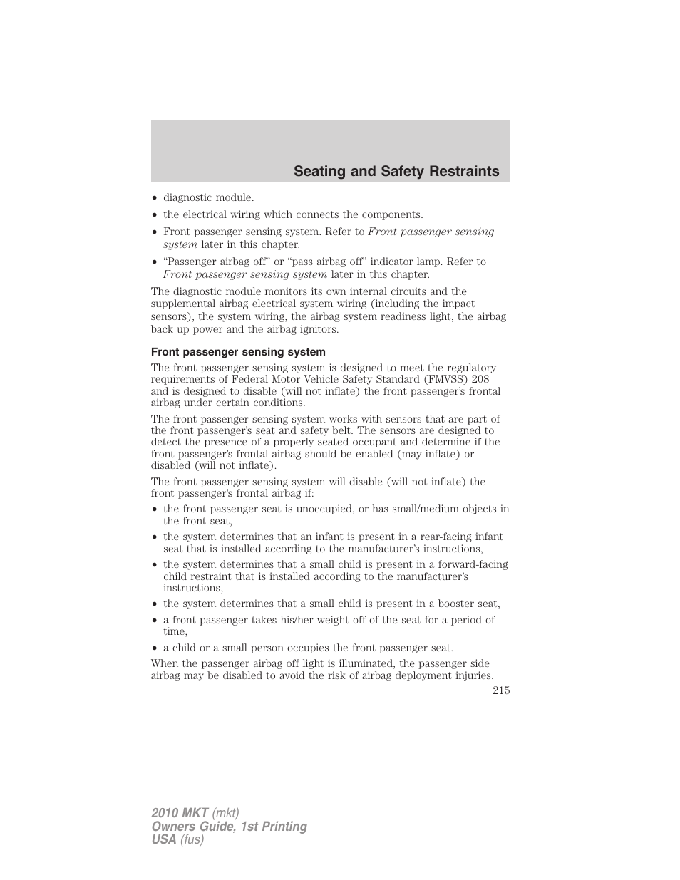 Front passenger sensing system, Seating and safety restraints | Lincoln MKT User Manual | Page 215 / 430