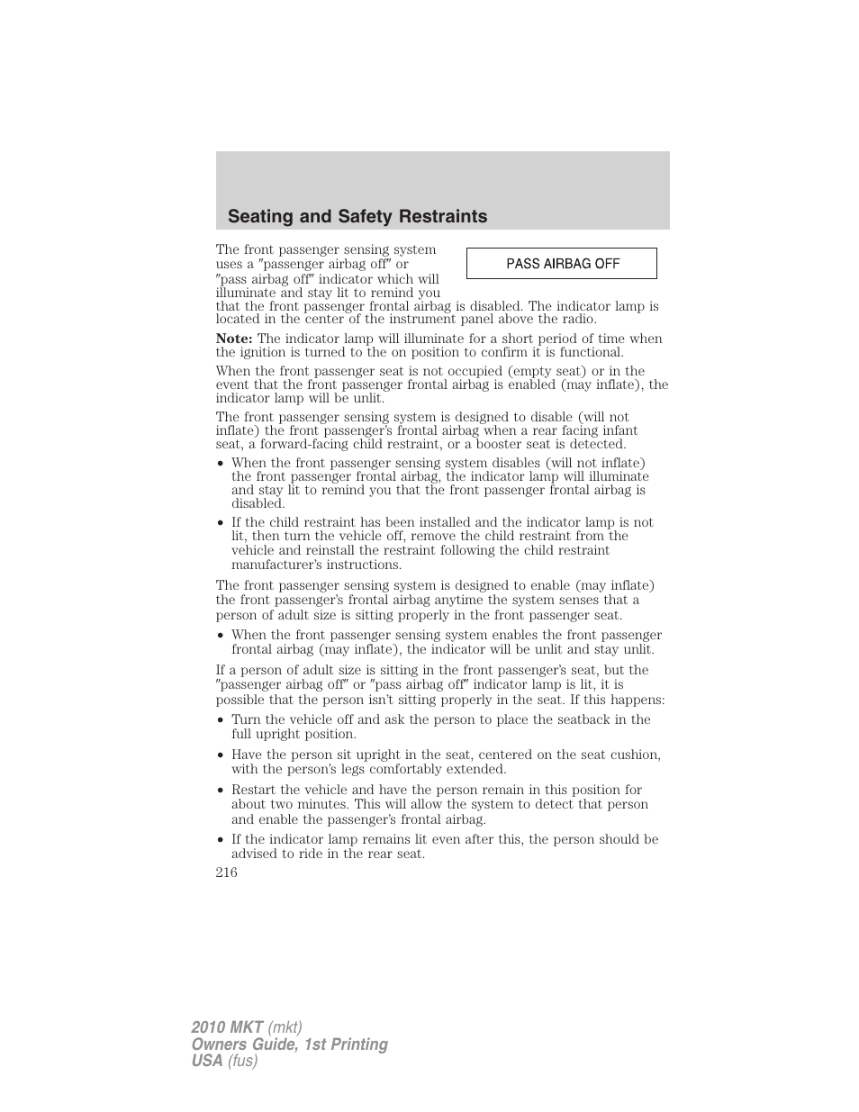 Seating and safety restraints | Lincoln MKT User Manual | Page 216 / 430