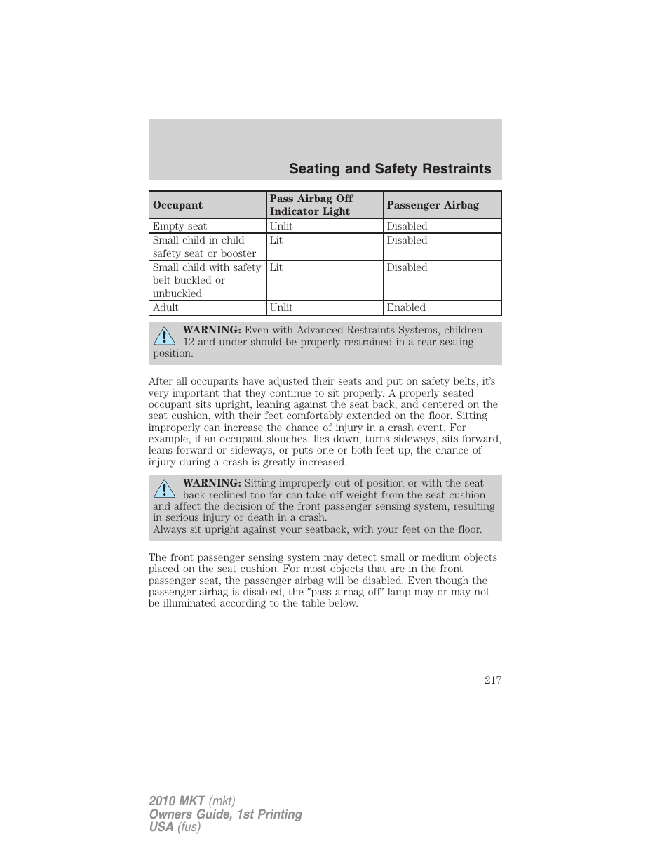 Seating and safety restraints | Lincoln MKT User Manual | Page 217 / 430