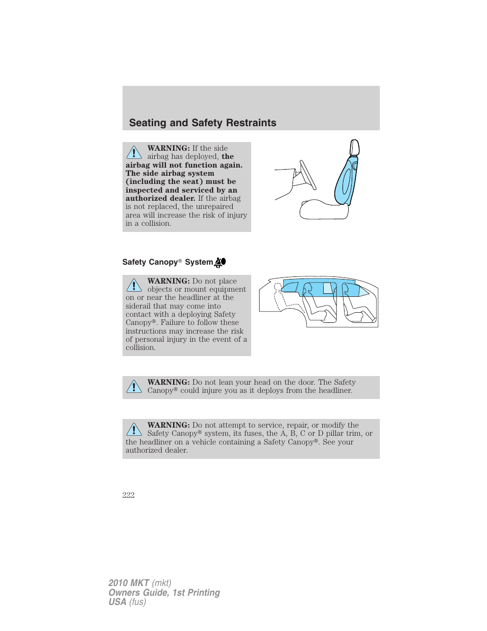 Safety canopy system, Seating and safety restraints | Lincoln MKT User Manual | Page 222 / 430