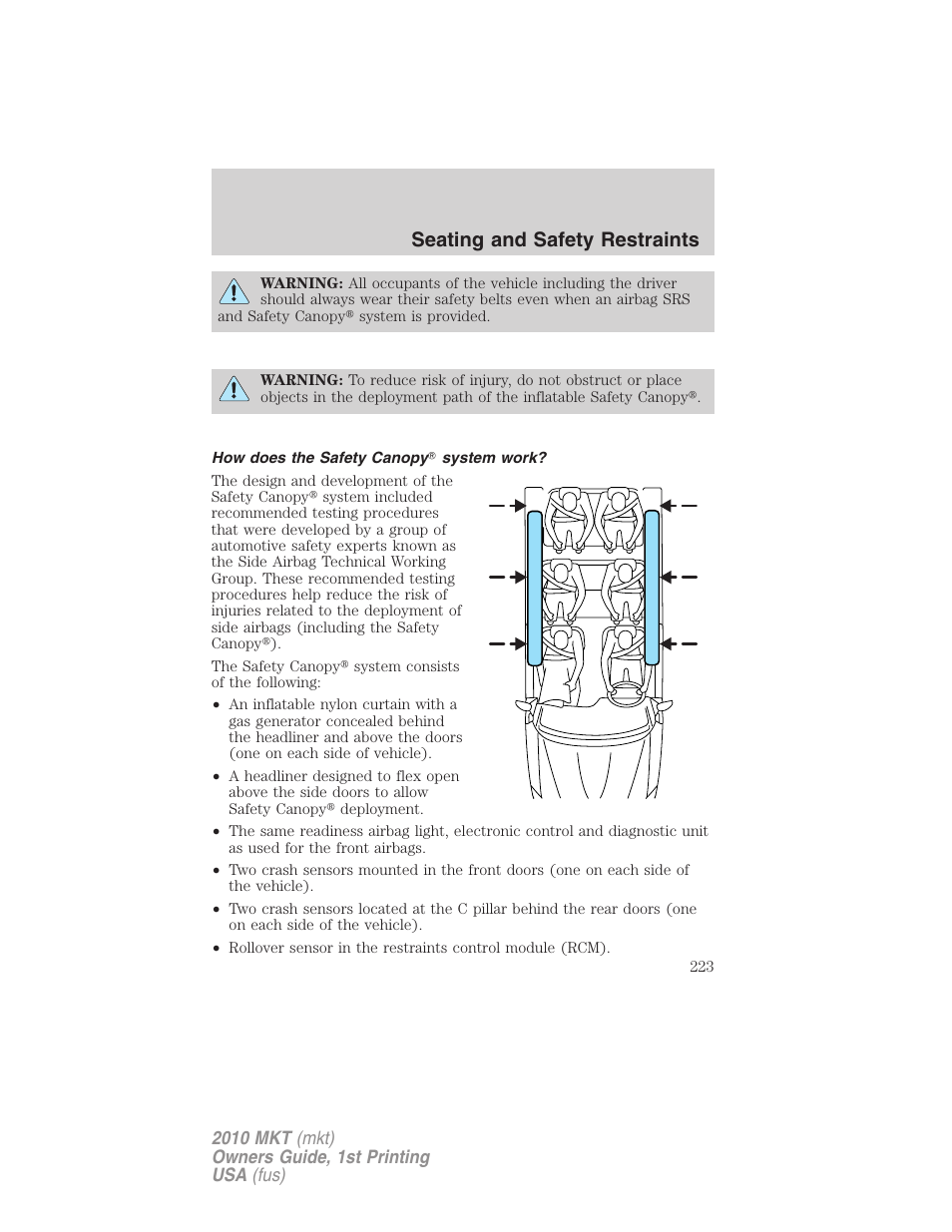 How does the safety canopy system work, Seating and safety restraints | Lincoln MKT User Manual | Page 223 / 430