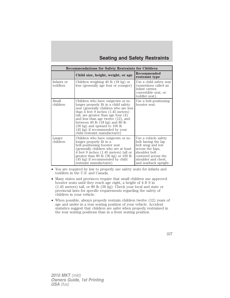 Seating and safety restraints | Lincoln MKT User Manual | Page 227 / 430