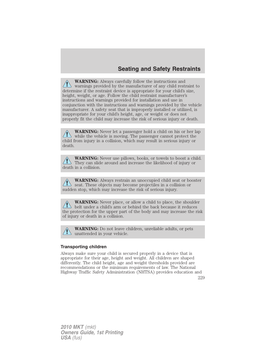 Transporting children, Seating and safety restraints | Lincoln MKT User Manual | Page 229 / 430