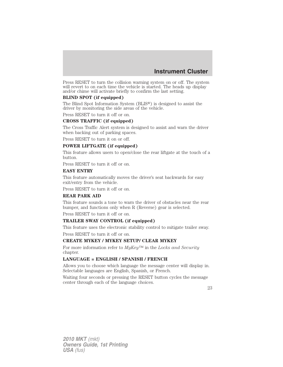 Instrument cluster | Lincoln MKT User Manual | Page 23 / 430