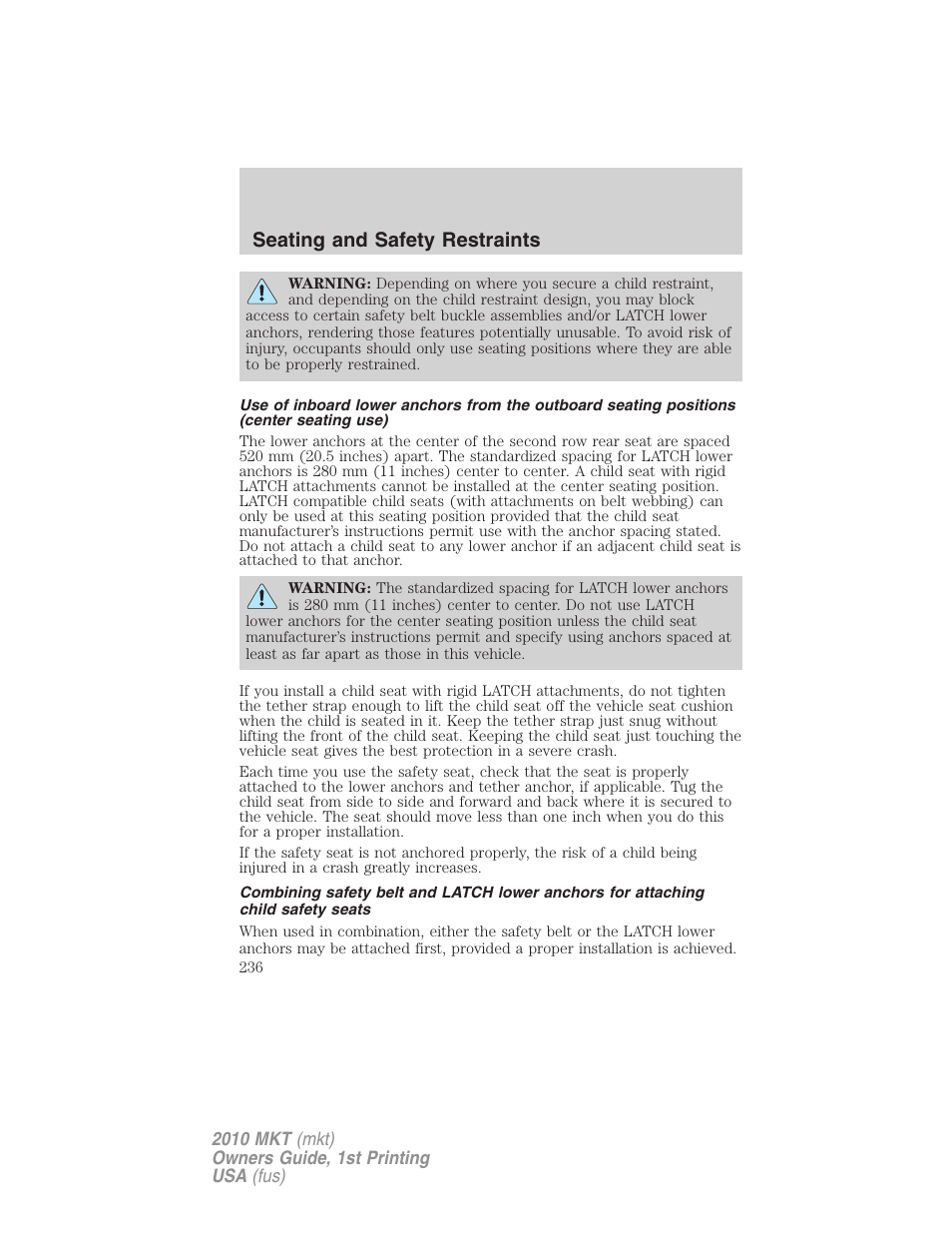 Seating and safety restraints | Lincoln MKT User Manual | Page 236 / 430