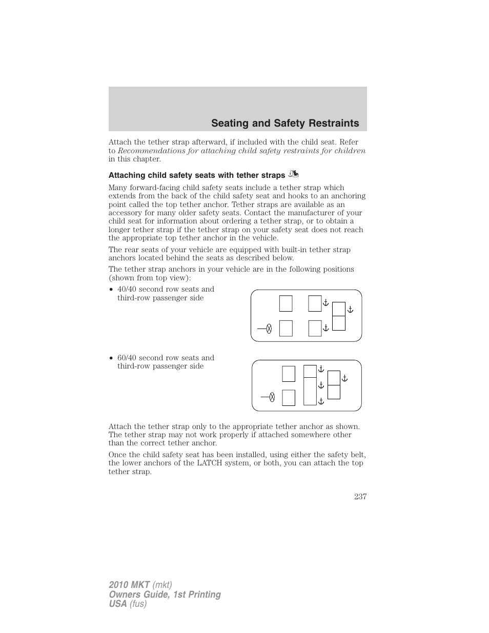 Attaching child safety seats with tether straps, Seating and safety restraints | Lincoln MKT User Manual | Page 237 / 430