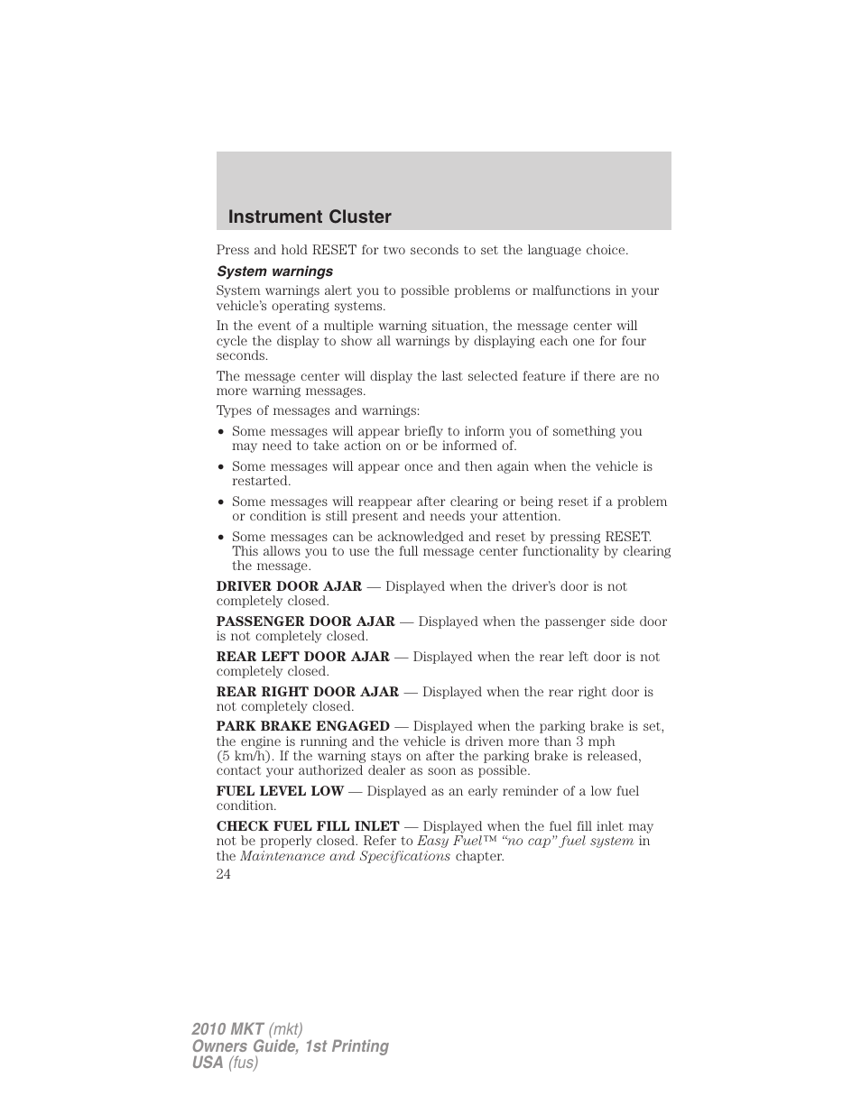 System warnings, Instrument cluster | Lincoln MKT User Manual | Page 24 / 430