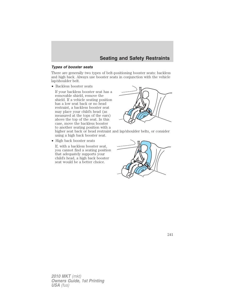 Types of booster seats, Seating and safety restraints | Lincoln MKT User Manual | Page 241 / 430