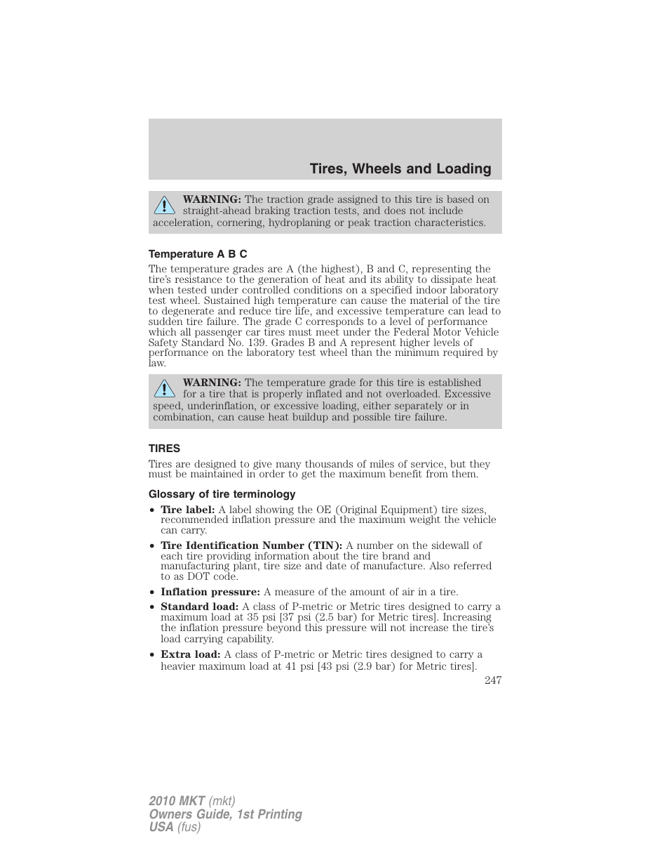 Temperature a b c, Tires, Glossary of tire terminology | Tires, wheels and loading | Lincoln MKT User Manual | Page 247 / 430