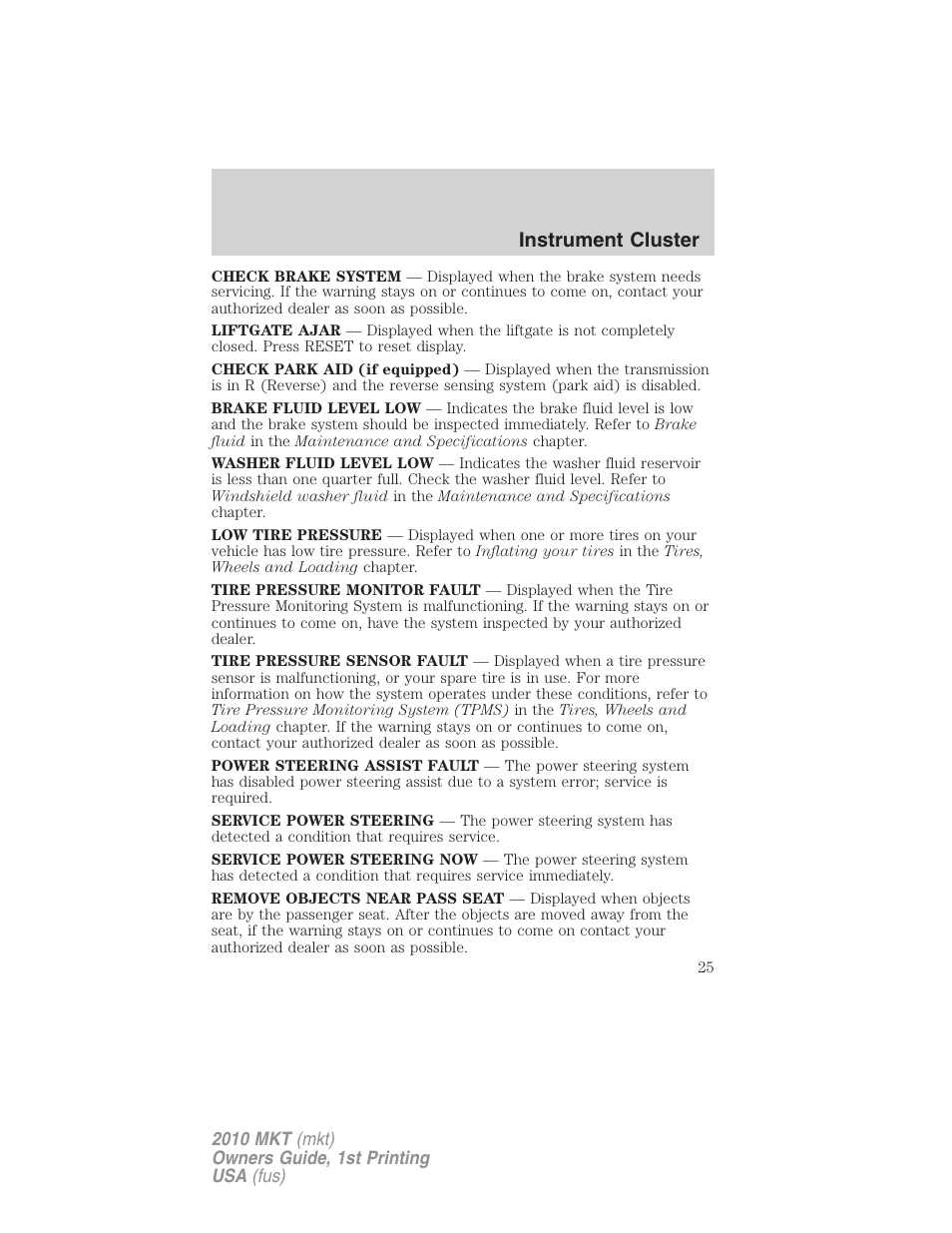 Instrument cluster | Lincoln MKT User Manual | Page 25 / 430