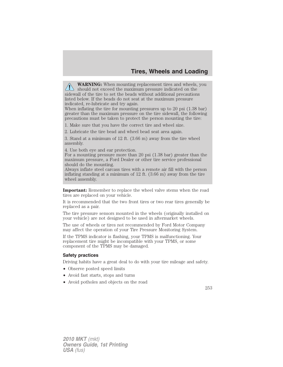 Safety practices, Tires, wheels and loading | Lincoln MKT User Manual | Page 253 / 430