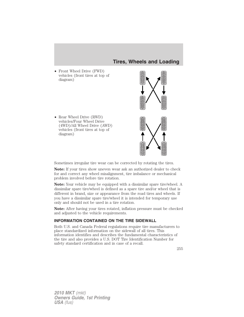 Information contained on the tire sidewall, Tires, wheels and loading | Lincoln MKT User Manual | Page 255 / 430