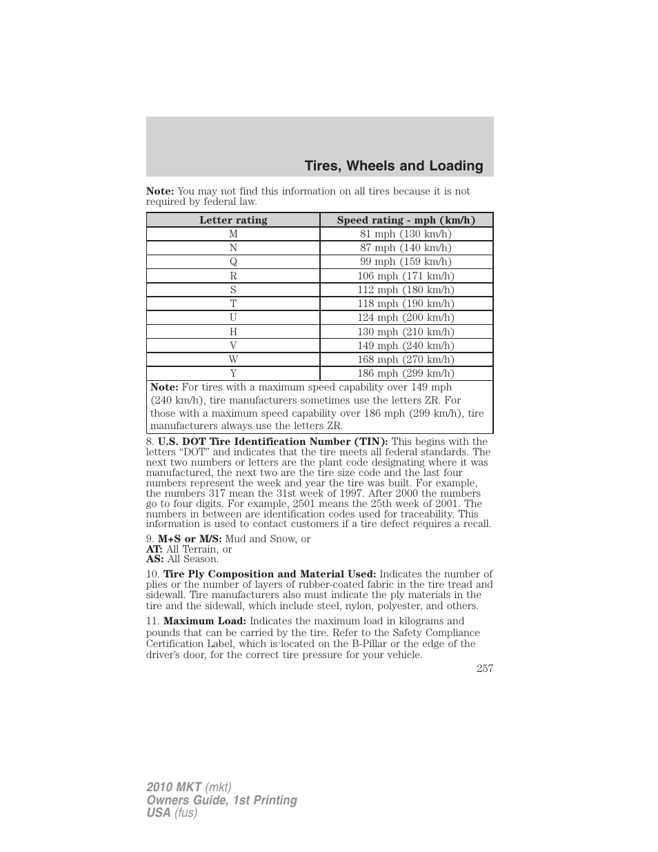 Tires, wheels and loading | Lincoln MKT User Manual | Page 257 / 430