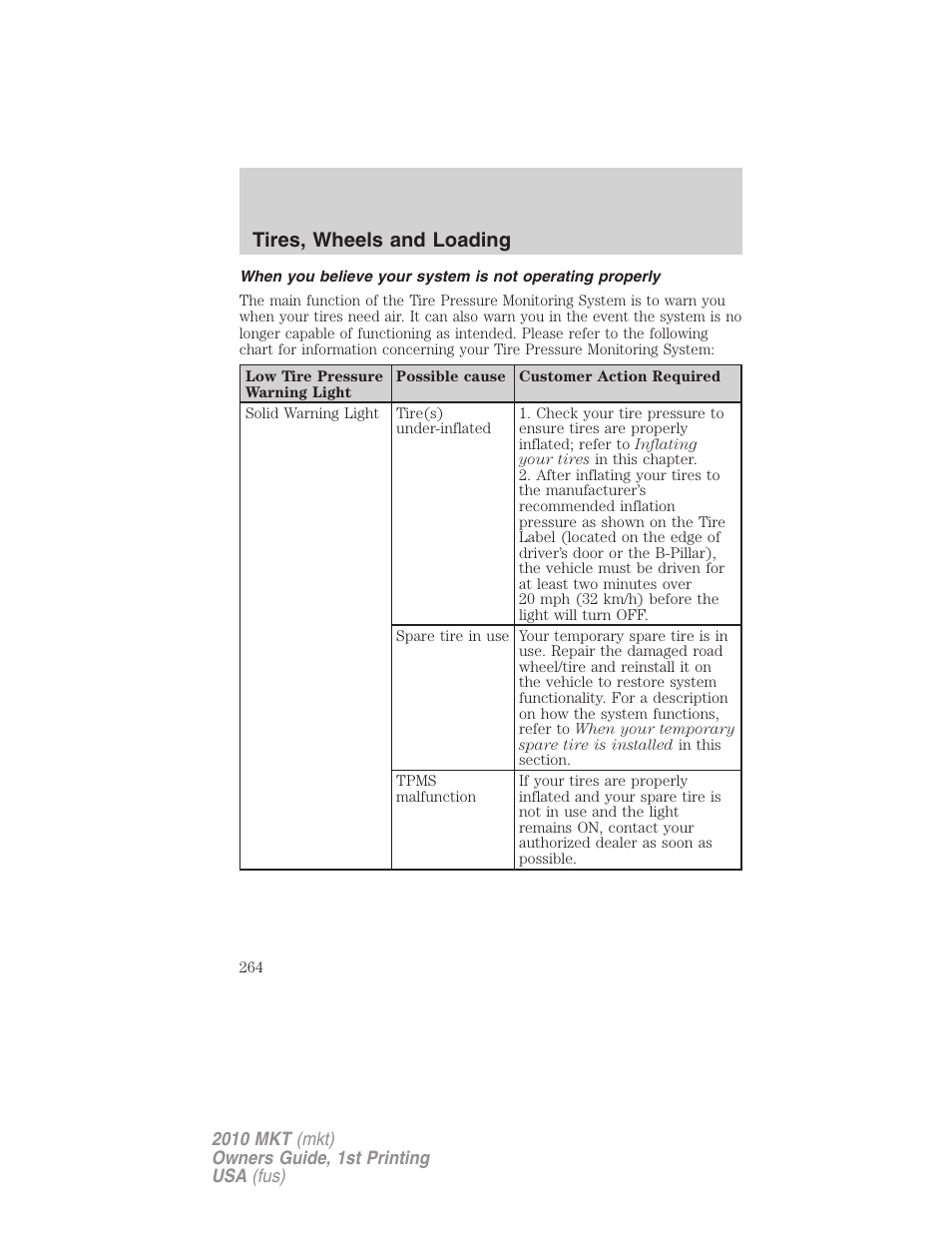 Tires, wheels and loading | Lincoln MKT User Manual | Page 264 / 430