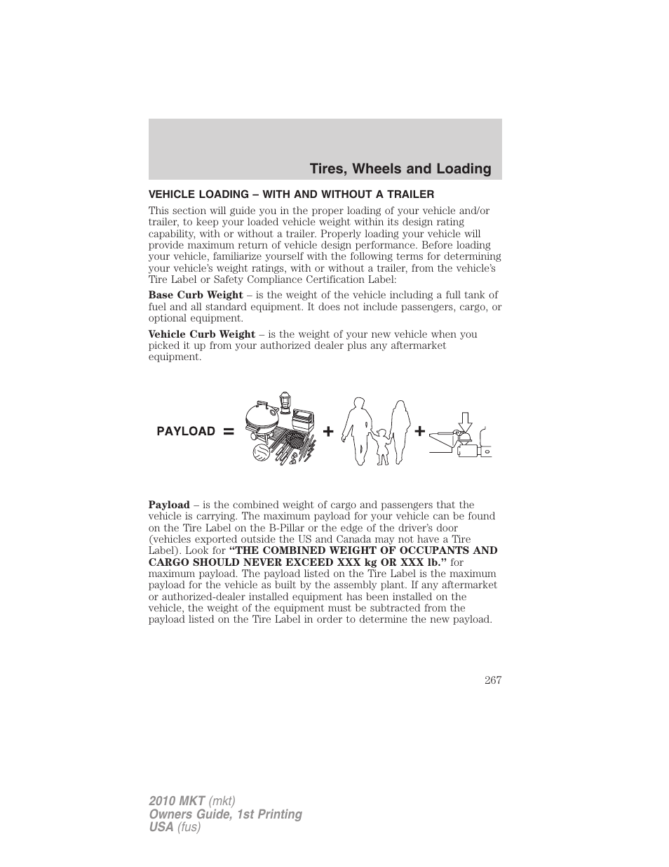 Vehicle loading – with and without a trailer, Vehicle loading, Tires, wheels and loading | Lincoln MKT User Manual | Page 267 / 430