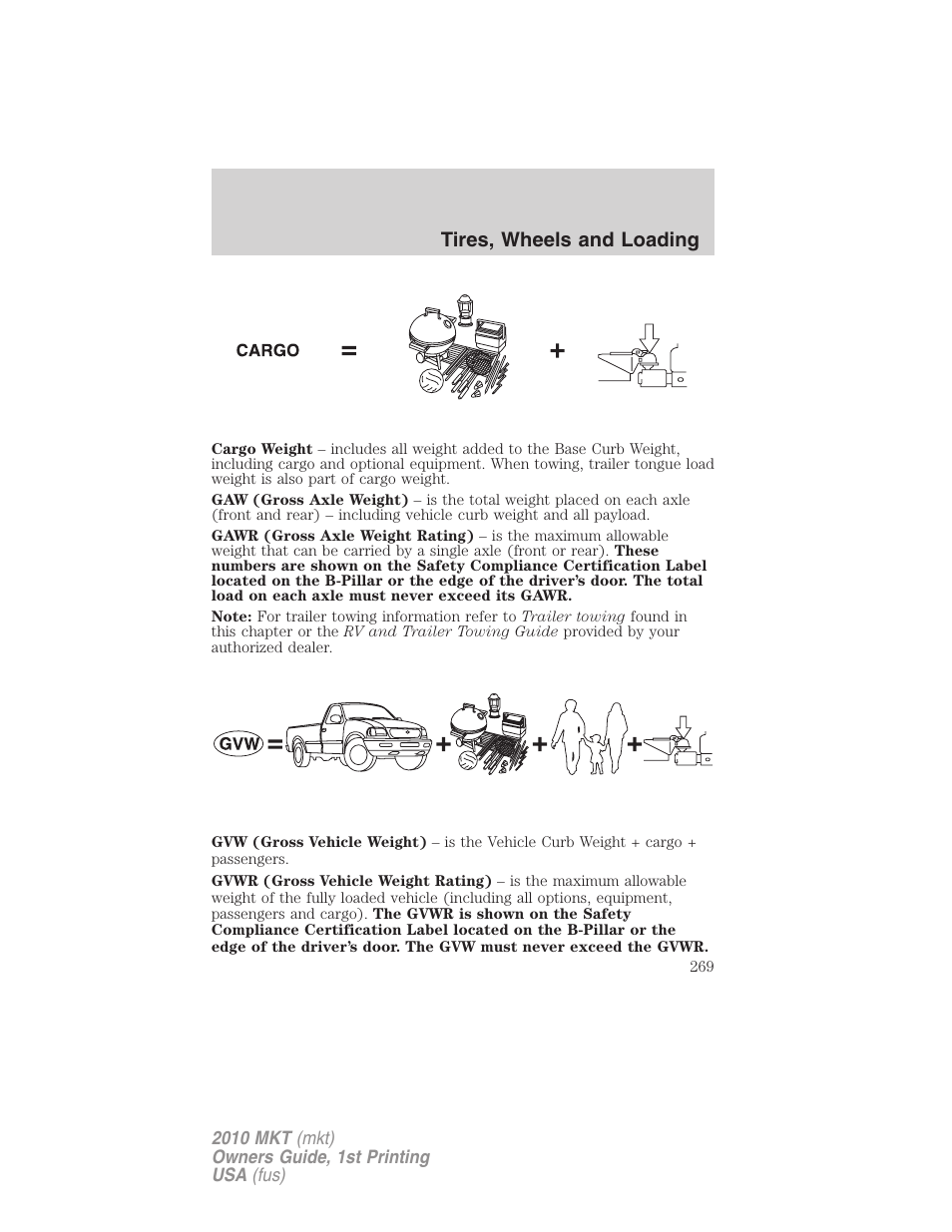 Tires, wheels and loading | Lincoln MKT User Manual | Page 269 / 430