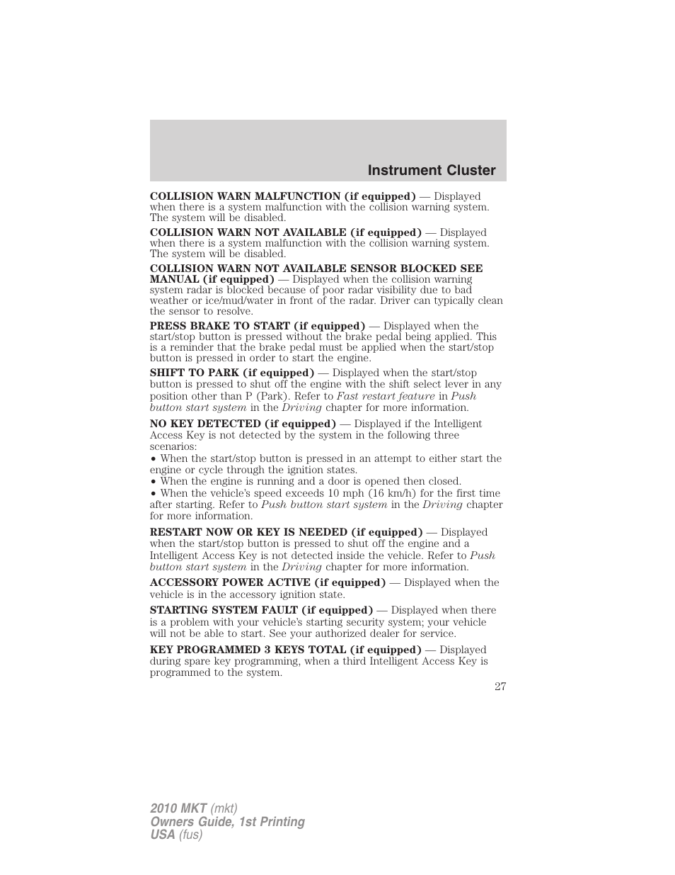 Instrument cluster | Lincoln MKT User Manual | Page 27 / 430