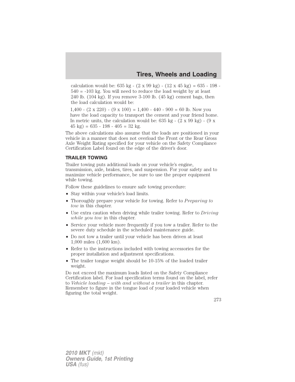 Trailer towing, Tires, wheels and loading | Lincoln MKT User Manual | Page 273 / 430