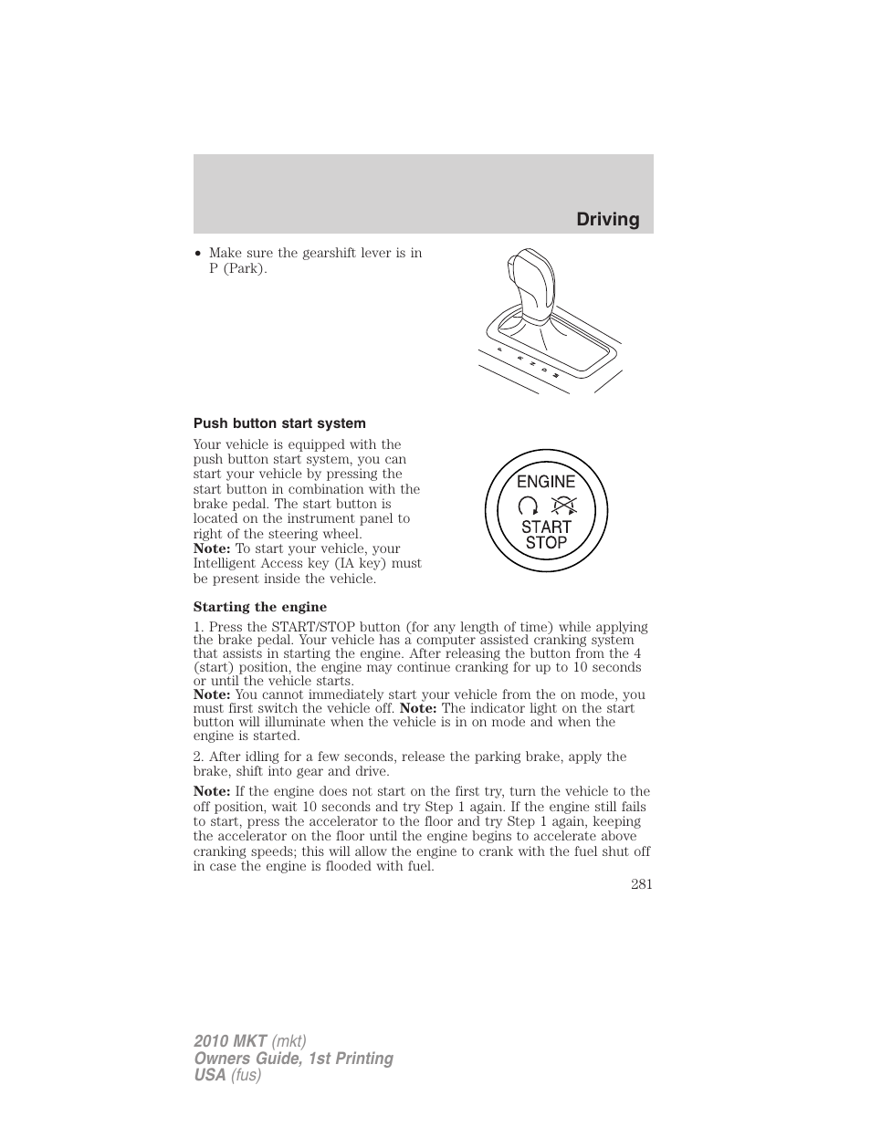 Push button start system, Driving | Lincoln MKT User Manual | Page 281 / 430