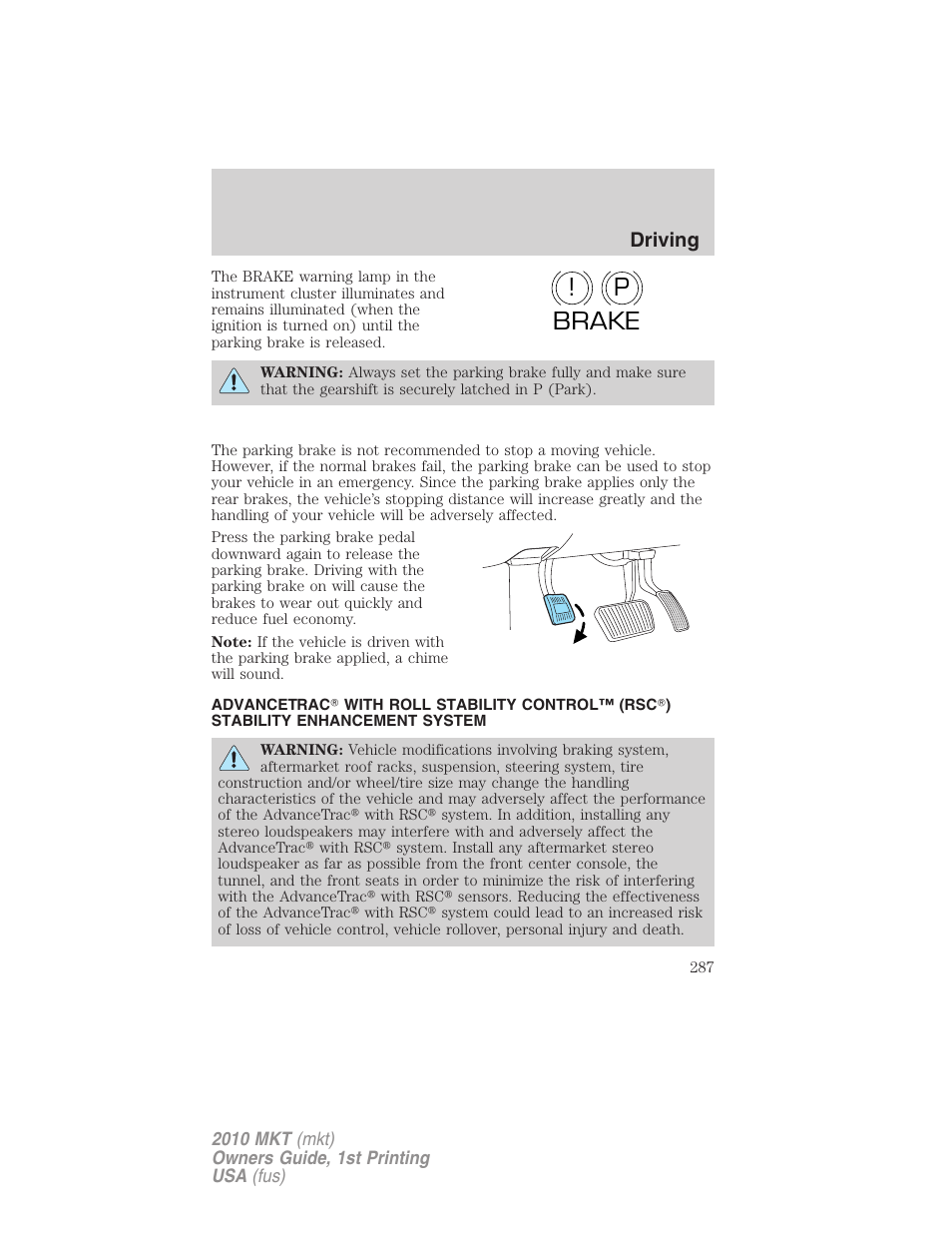 Advancetrac, P! brake, Driving | Lincoln MKT User Manual | Page 287 / 430