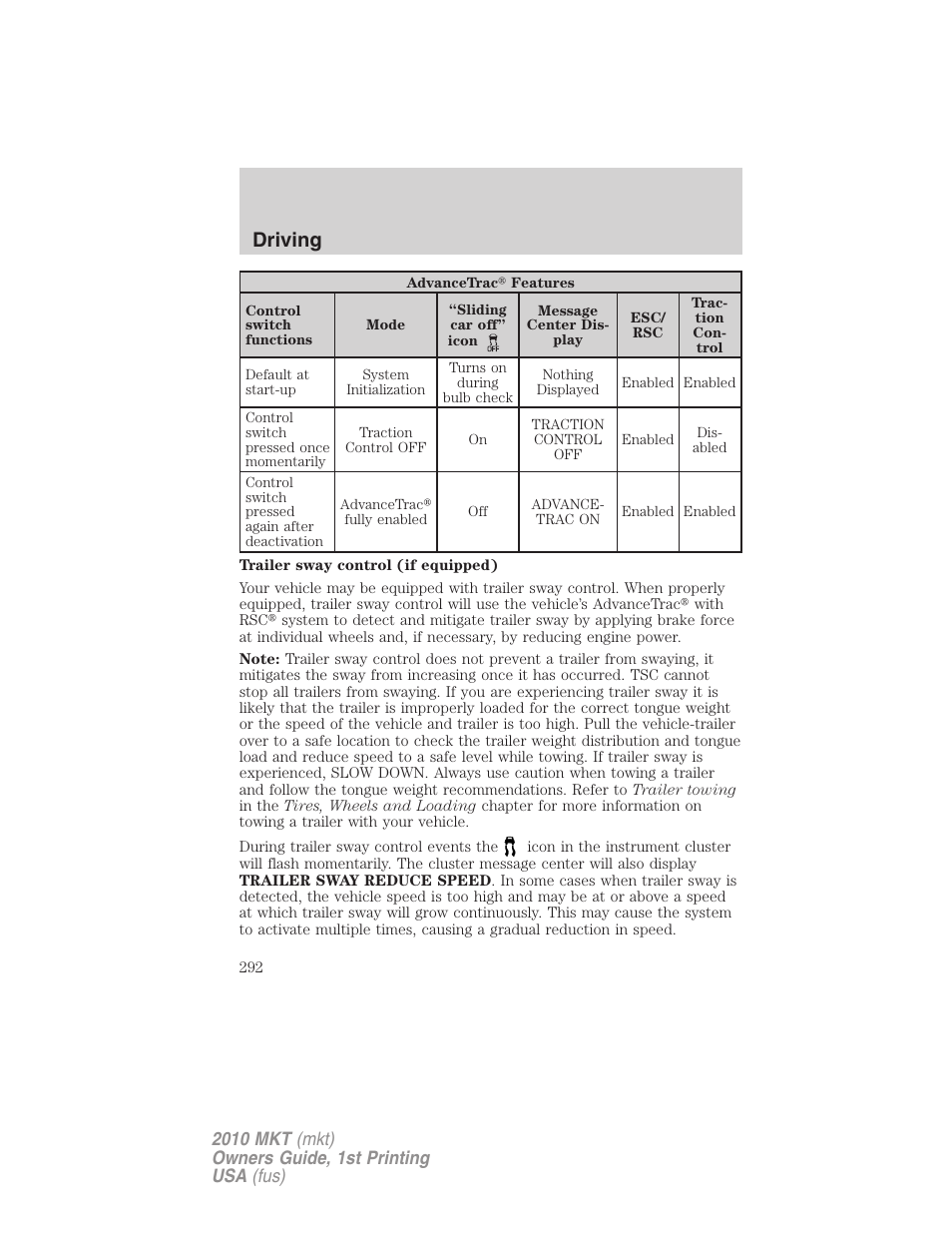 Driving | Lincoln MKT User Manual | Page 292 / 430