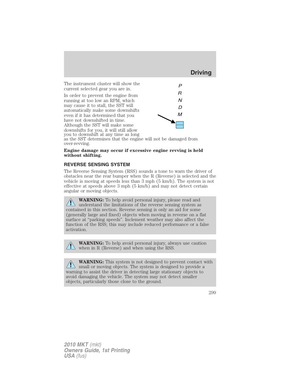 Reverse sensing system, Driving | Lincoln MKT User Manual | Page 299 / 430