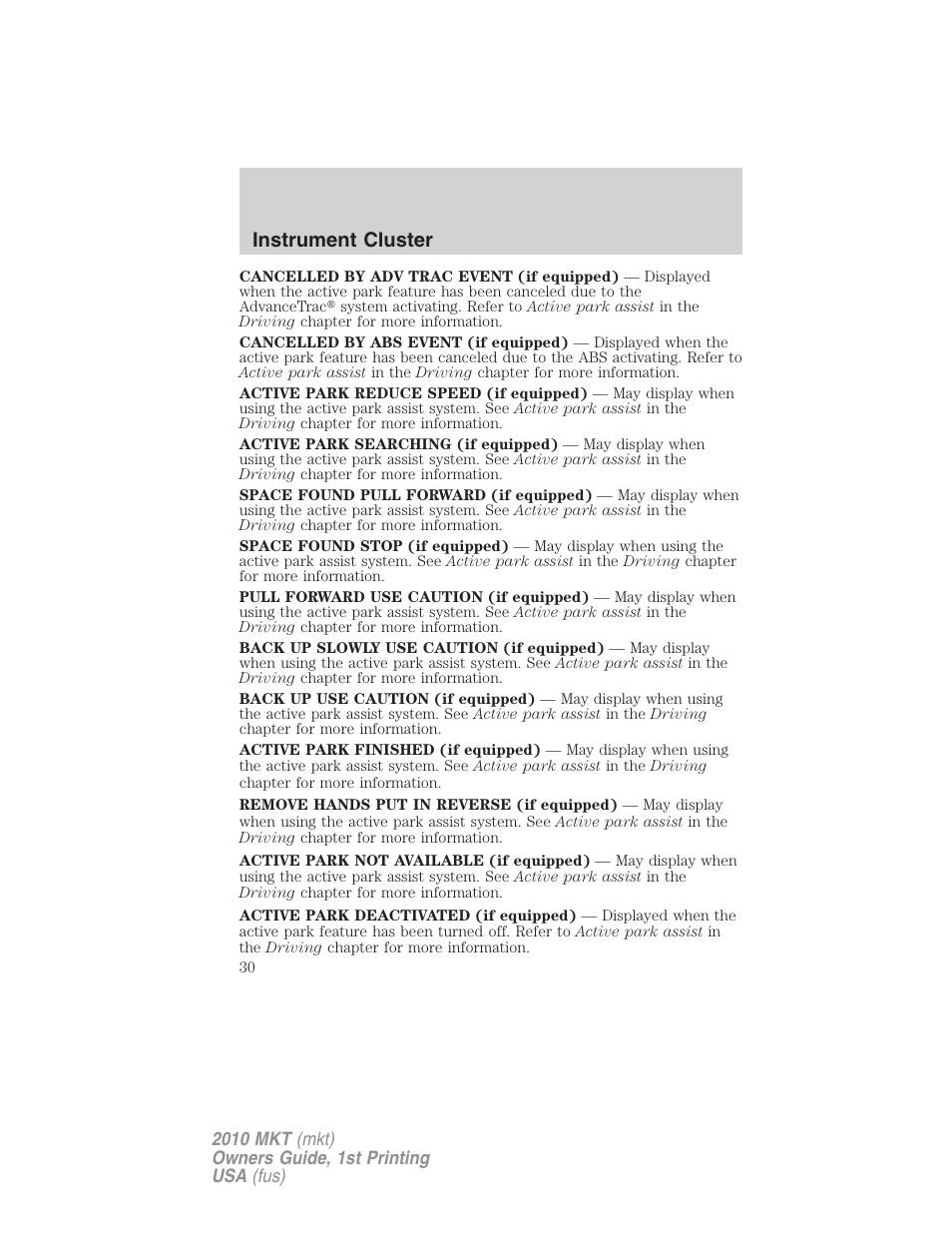 Instrument cluster | Lincoln MKT User Manual | Page 30 / 430