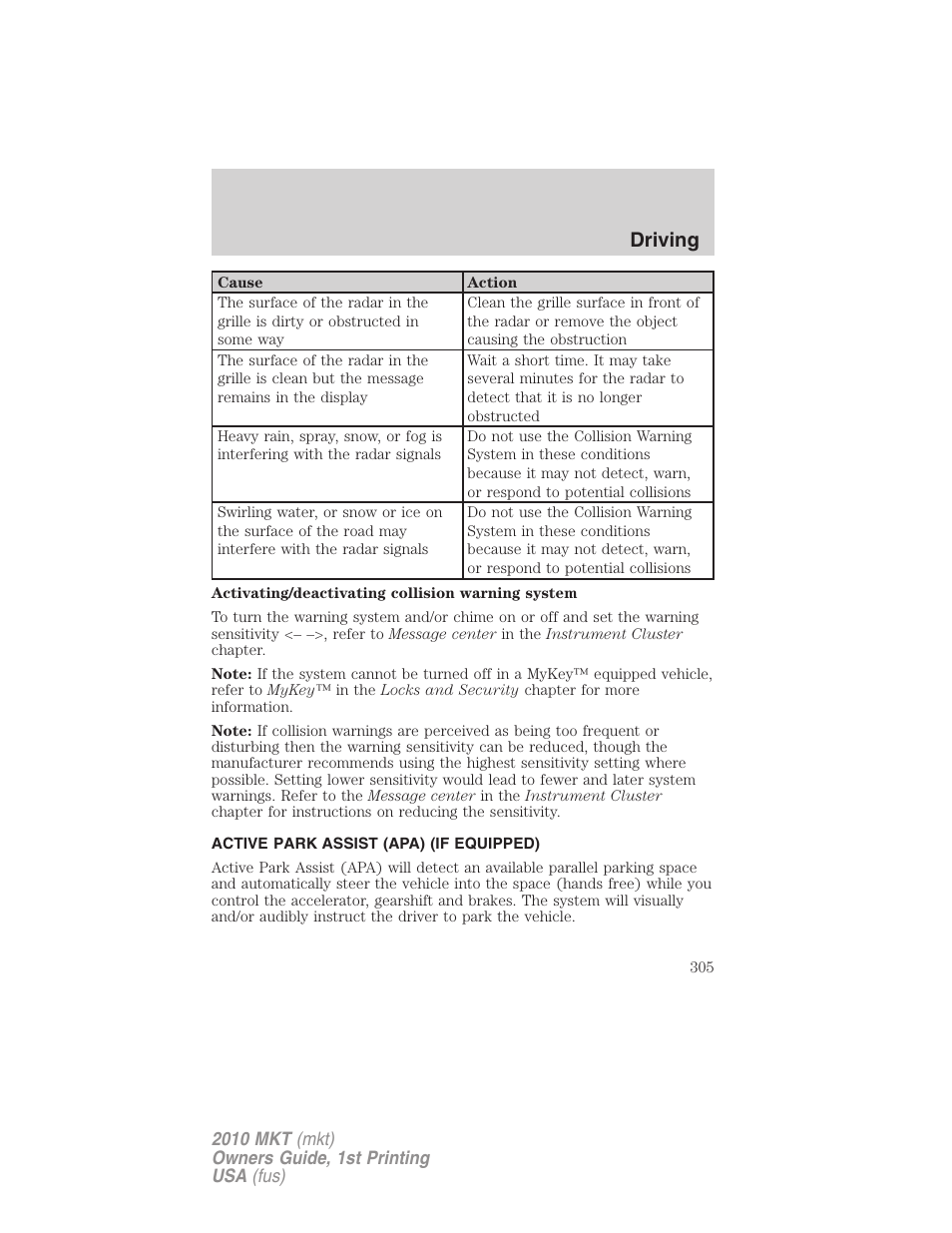 Active park assist (apa) (if equipped), Driving | Lincoln MKT User Manual | Page 305 / 430