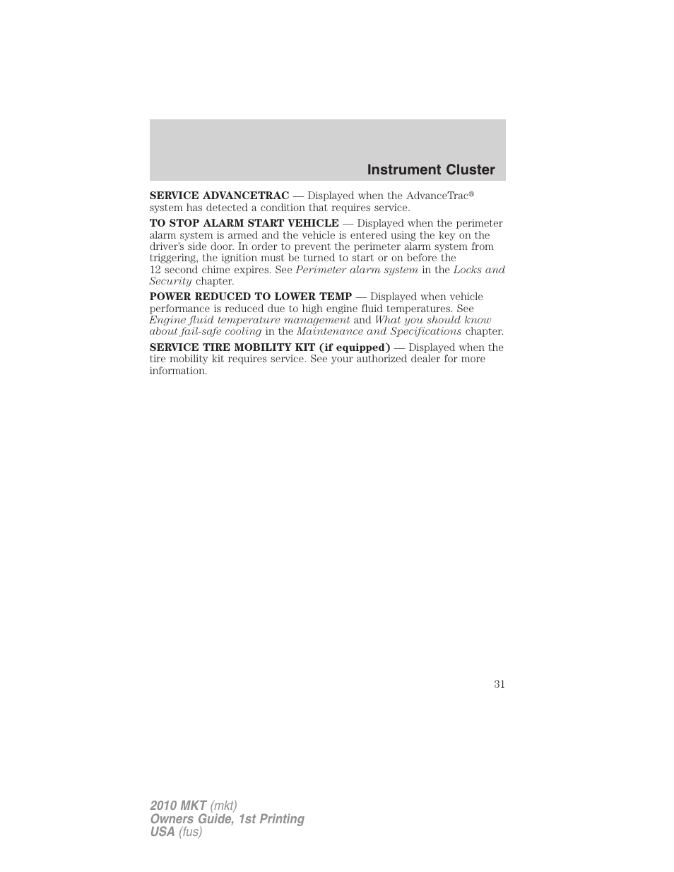 Instrument cluster | Lincoln MKT User Manual | Page 31 / 430