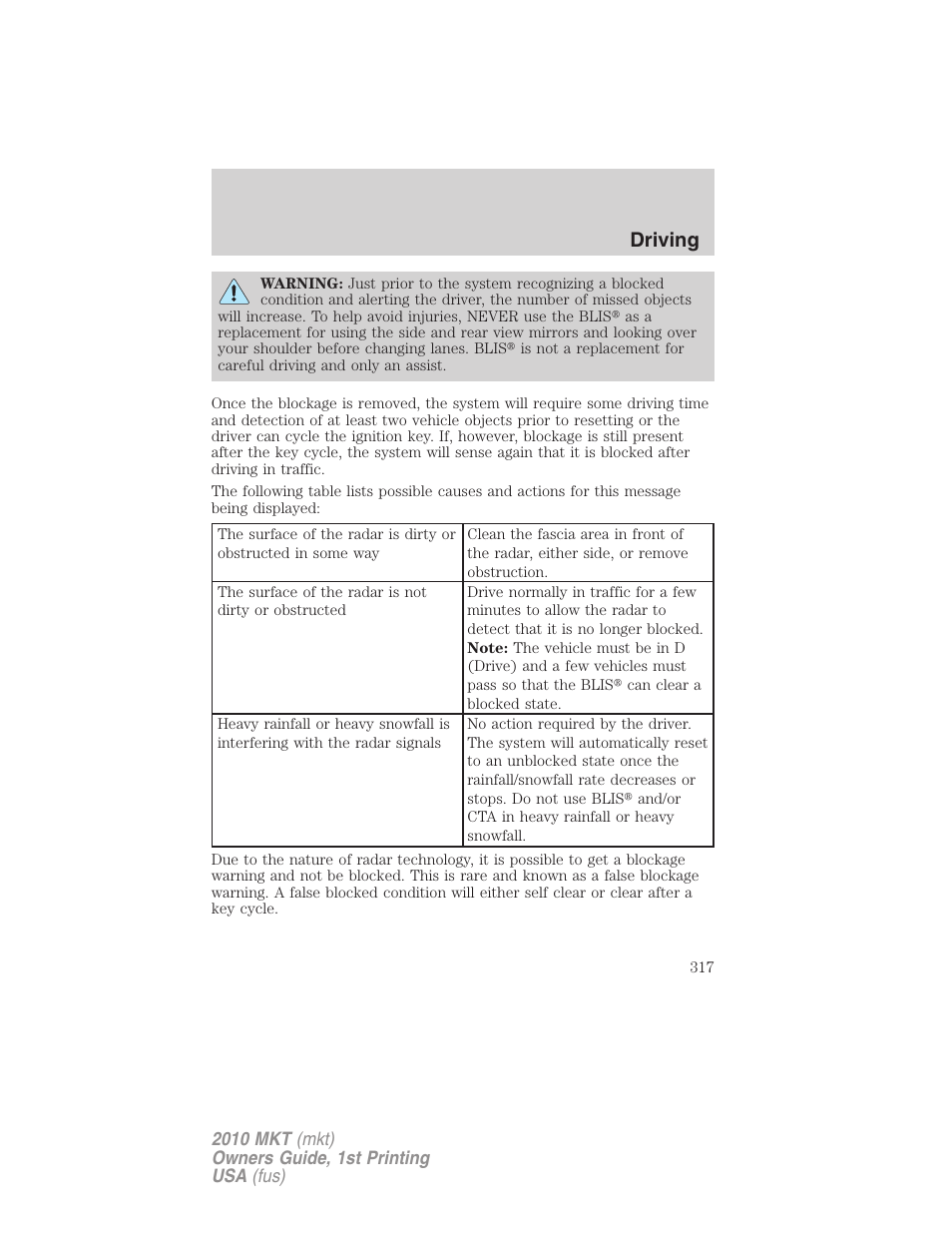 Driving | Lincoln MKT User Manual | Page 317 / 430