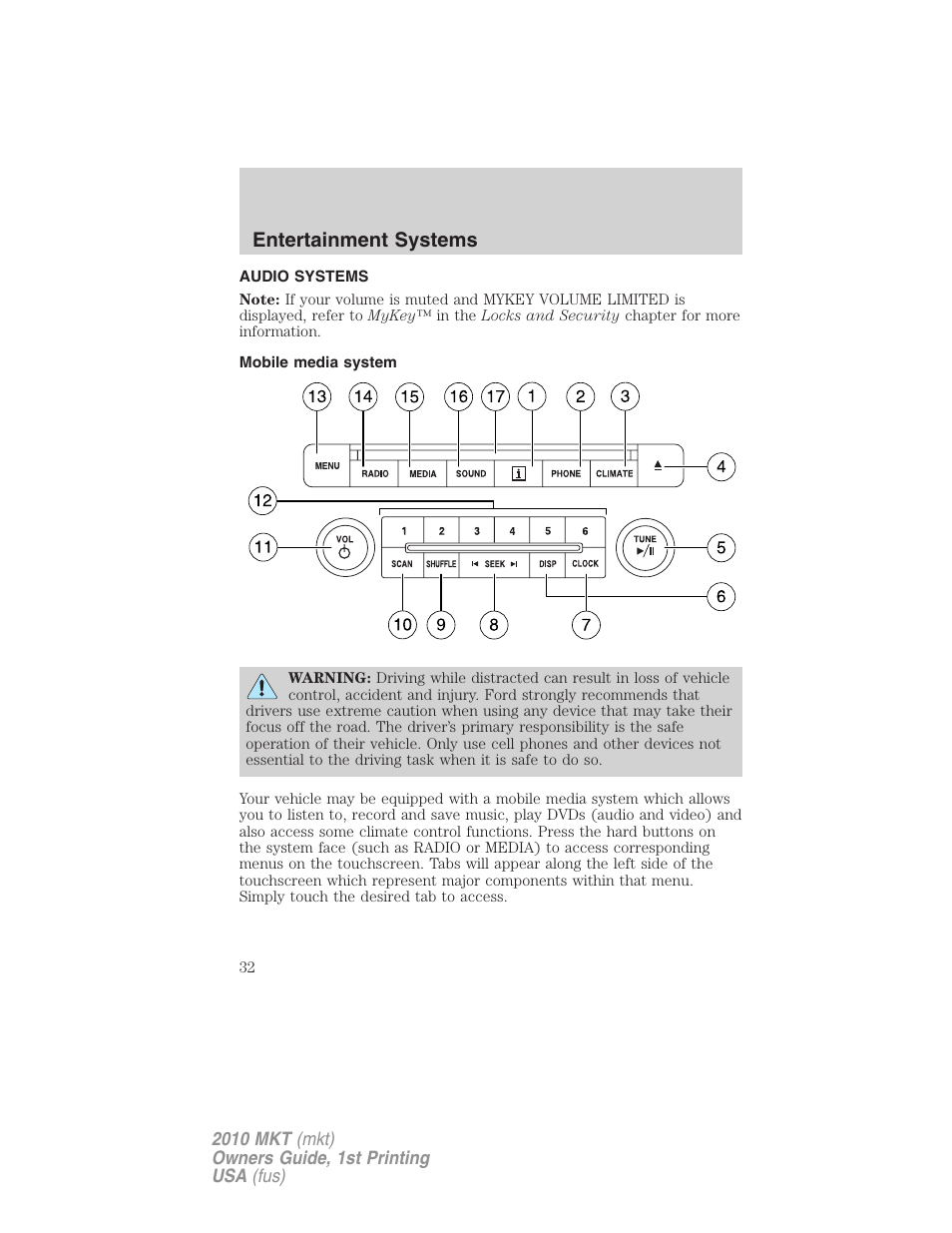 Entertainment systems, Audio systems, Mobile media system | Lincoln MKT User Manual | Page 32 / 430