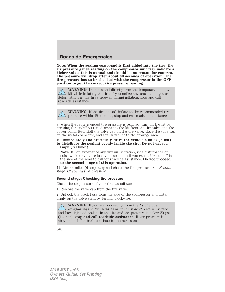 Second stage: checking tire pressure, Roadside emergencies | Lincoln MKT User Manual | Page 348 / 430