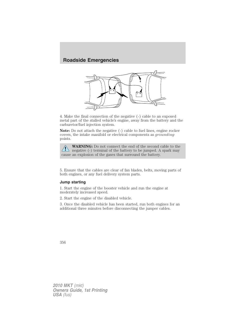 Jump starting, Roadside emergencies | Lincoln MKT User Manual | Page 356 / 430