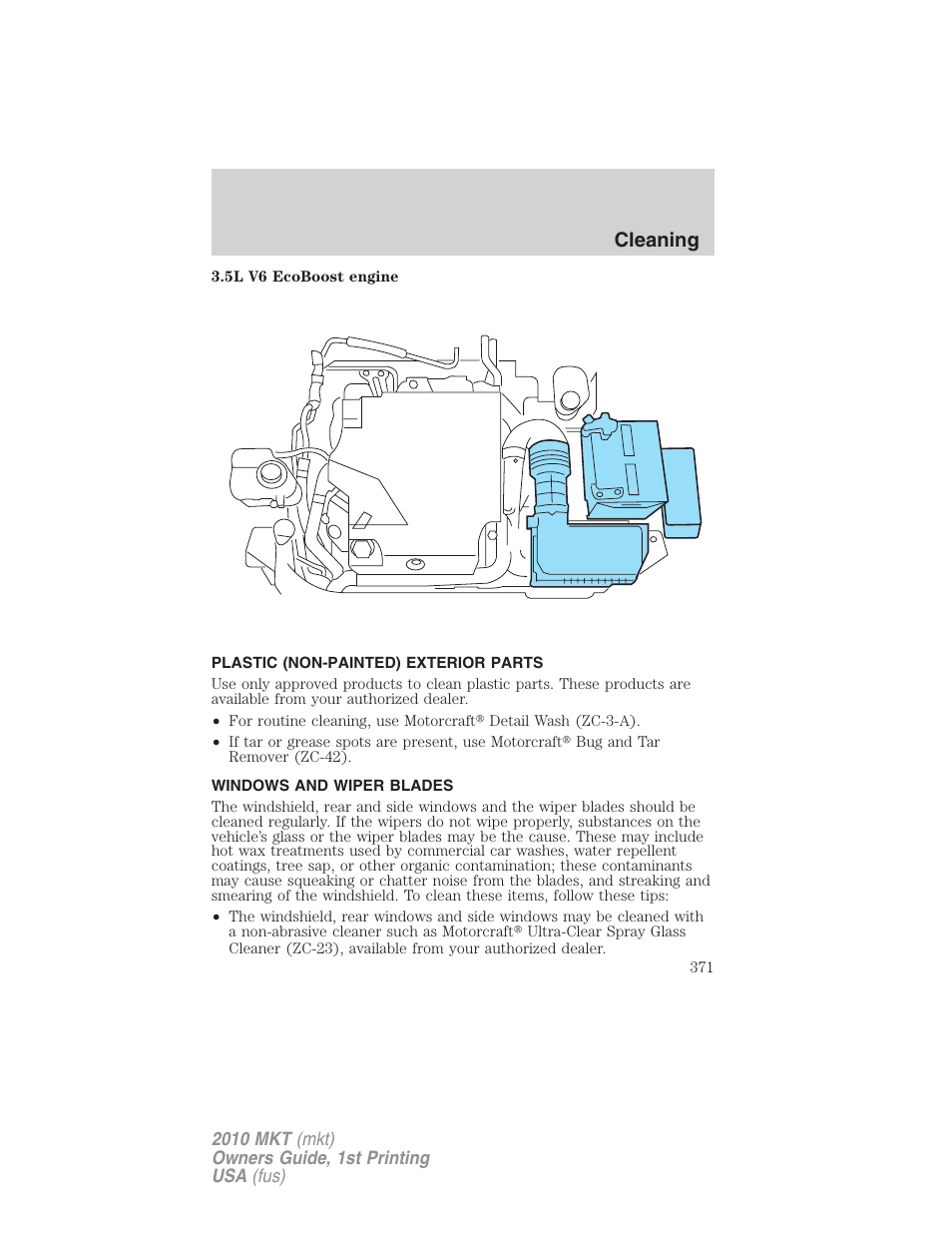 Plastic (non-painted) exterior parts, Windows and wiper blades, Cleaning | Lincoln MKT User Manual | Page 371 / 430