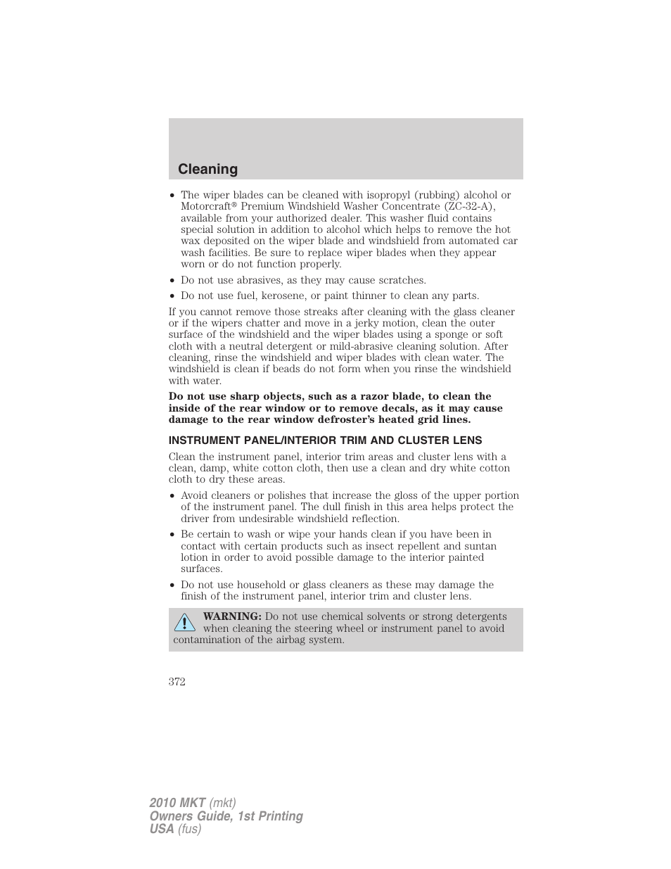 Instrument panel/interior trim and cluster lens, Cleaning | Lincoln MKT User Manual | Page 372 / 430