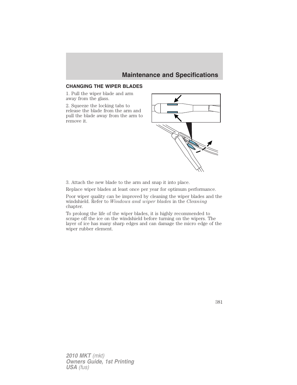 Changing the wiper blades, Maintenance and specifications | Lincoln MKT User Manual | Page 381 / 430