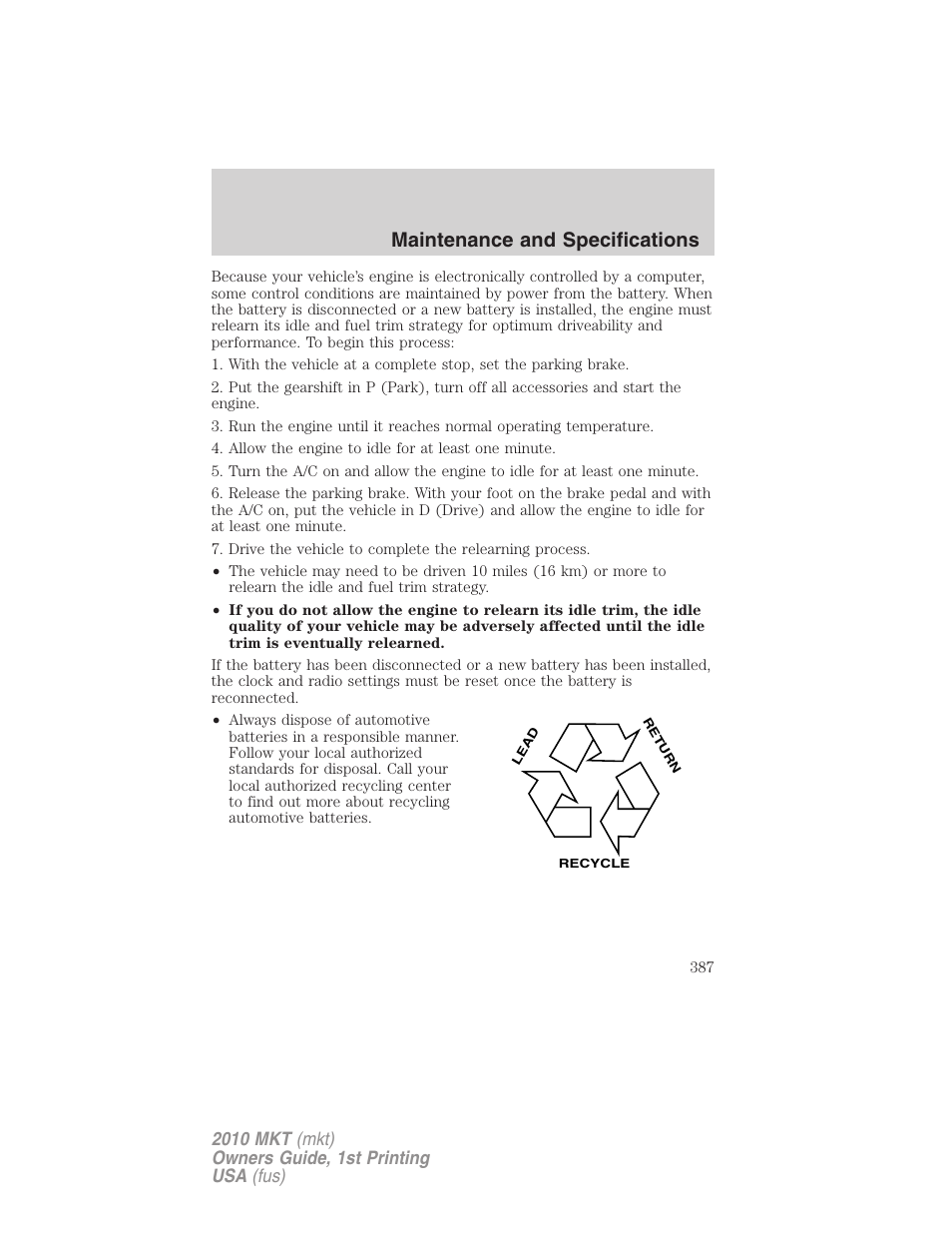 Maintenance and specifications | Lincoln MKT User Manual | Page 387 / 430