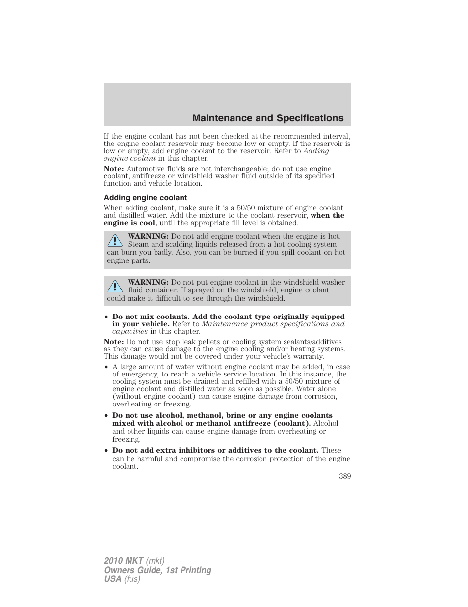 Adding engine coolant, Maintenance and specifications | Lincoln MKT User Manual | Page 389 / 430