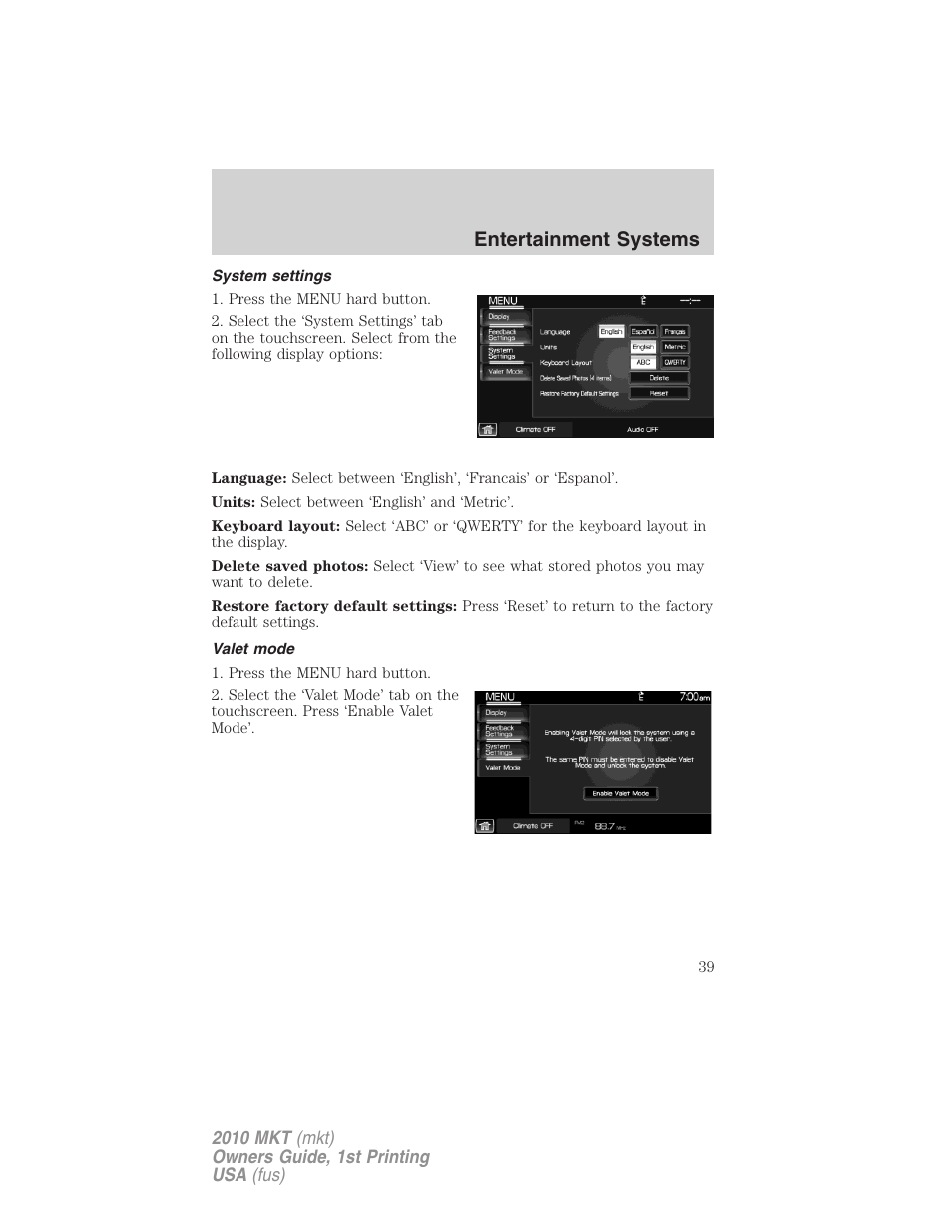 System settings, Valet mode, Entertainment systems | Lincoln MKT User Manual | Page 39 / 430
