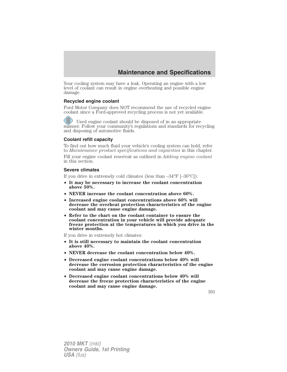 Recycled engine coolant, Coolant refill capacity, Severe climates | Maintenance and specifications | Lincoln MKT User Manual | Page 391 / 430