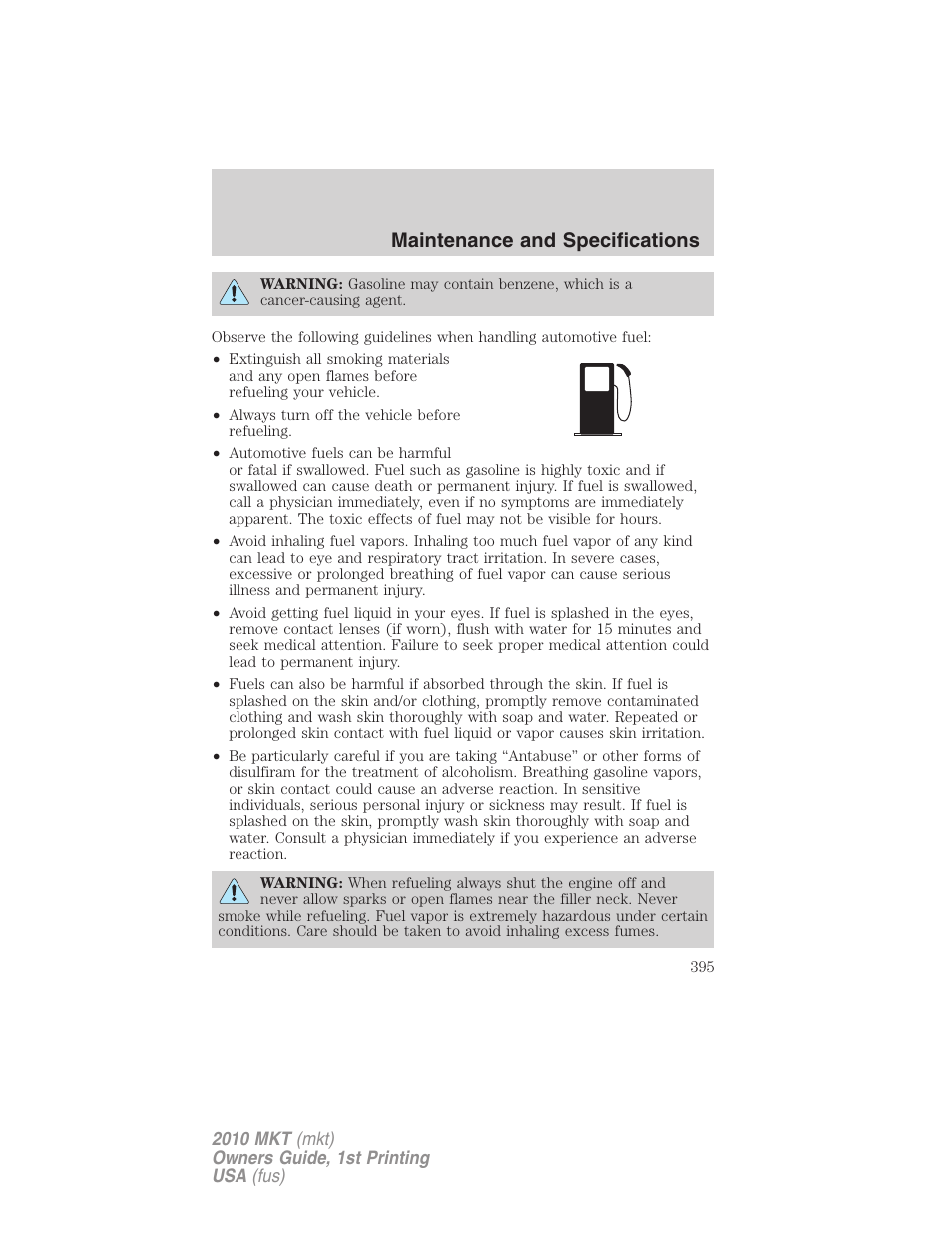 Maintenance and specifications | Lincoln MKT User Manual | Page 395 / 430