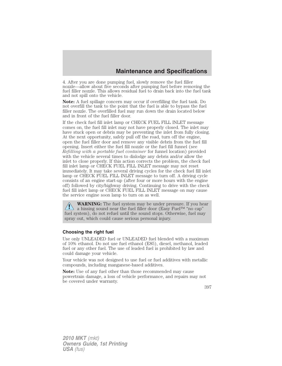 Choosing the right fuel, Maintenance and specifications | Lincoln MKT User Manual | Page 397 / 430