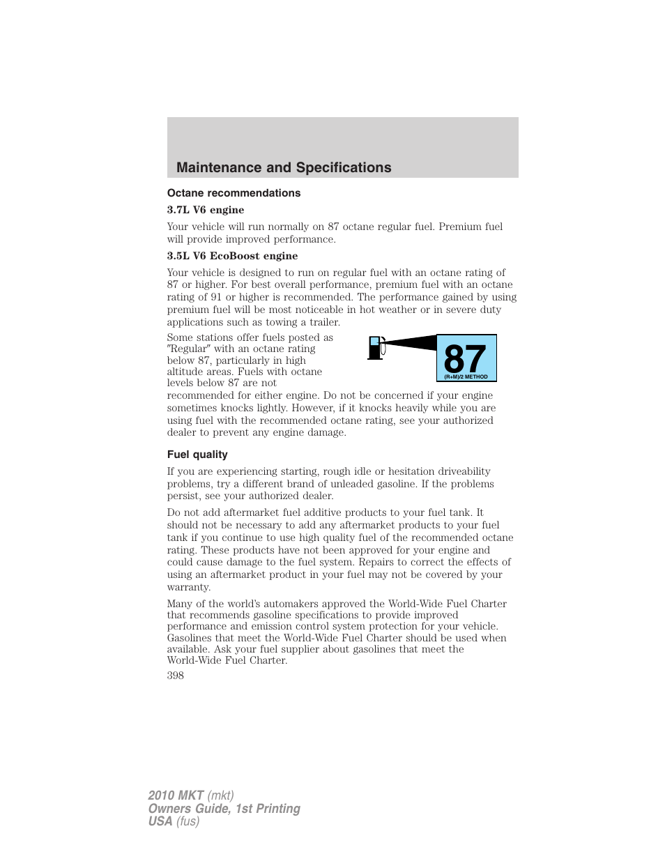 Octane recommendations, Fuel quality | Lincoln MKT User Manual | Page 398 / 430