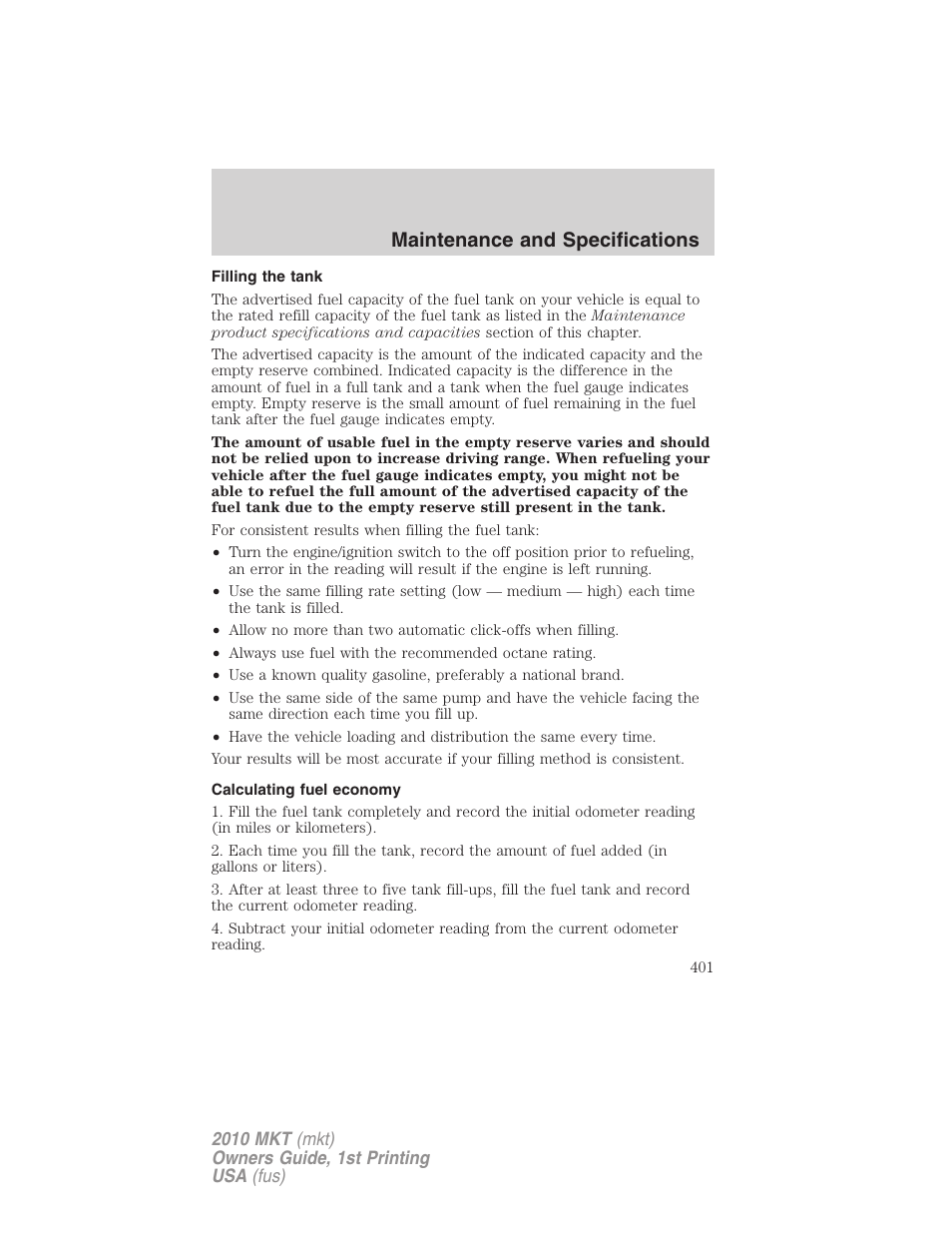 Filling the tank, Calculating fuel economy, Maintenance and specifications | Lincoln MKT User Manual | Page 401 / 430